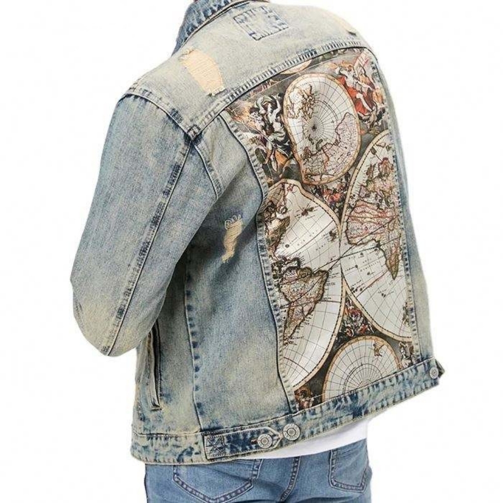 NEW Victorious Denim World Map Globe Jacket Size Small Mens